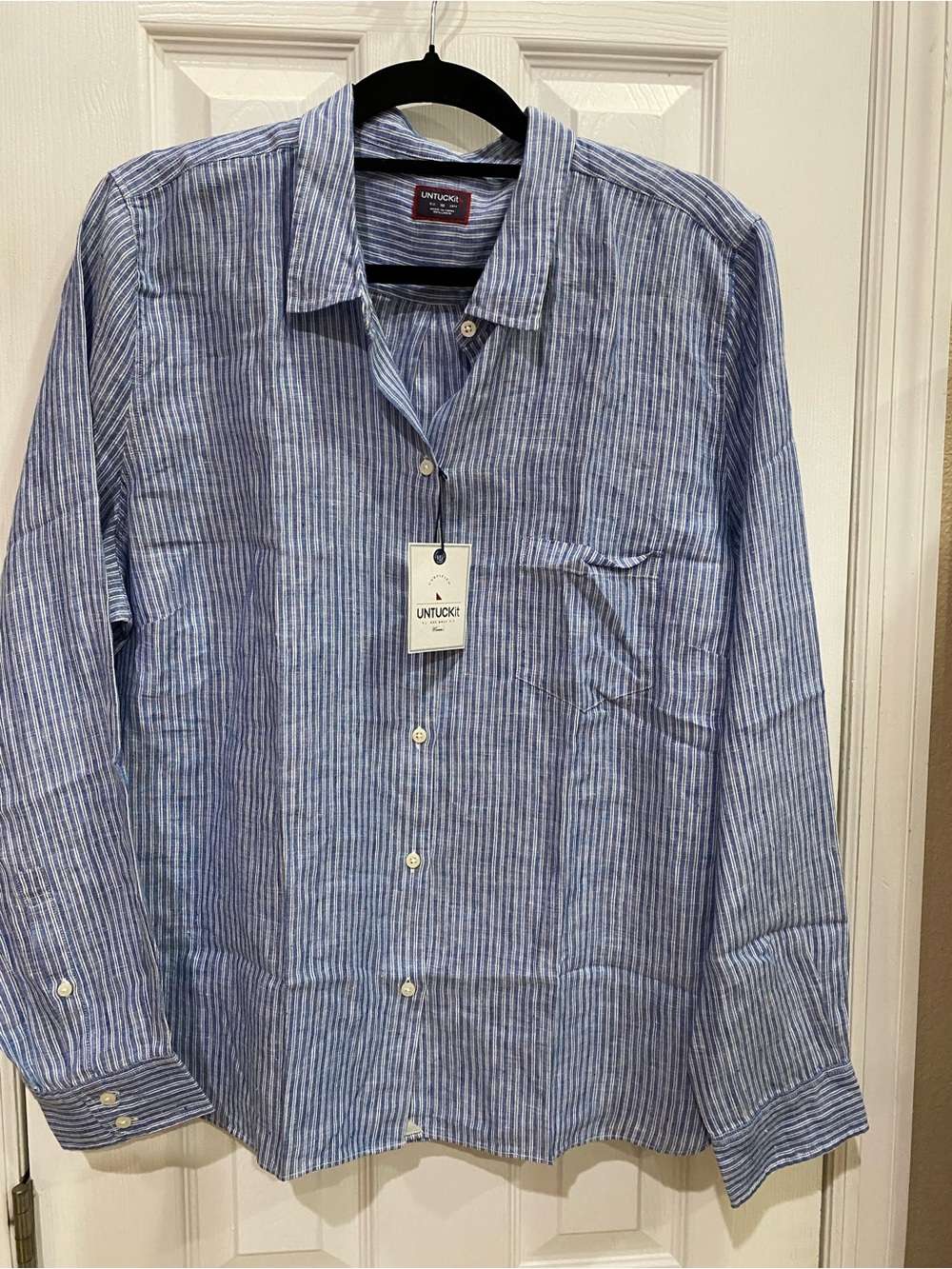 UNTUCKit Women's Blue and White Striped Button-Down Shirt